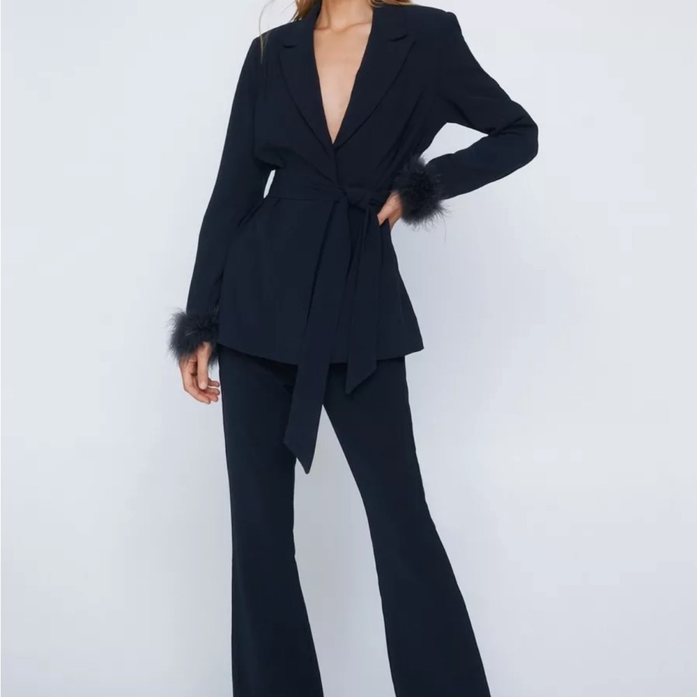 Nasty Gal Navy Feather Cuff Pant Suit